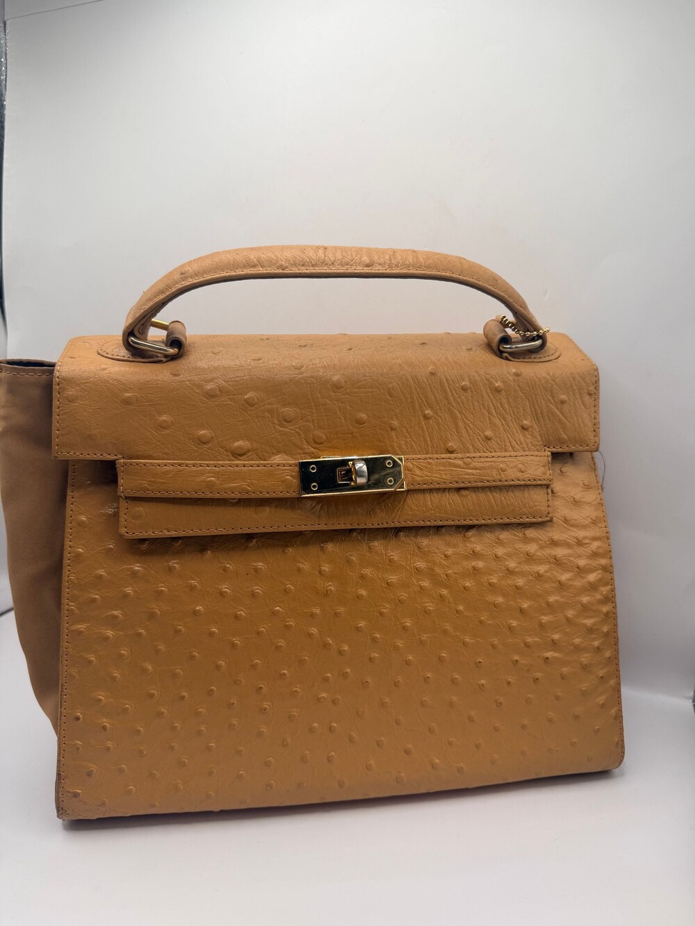 Tan Genuine Leather Ostrich Handbag with Top Handle and Gold Clasp